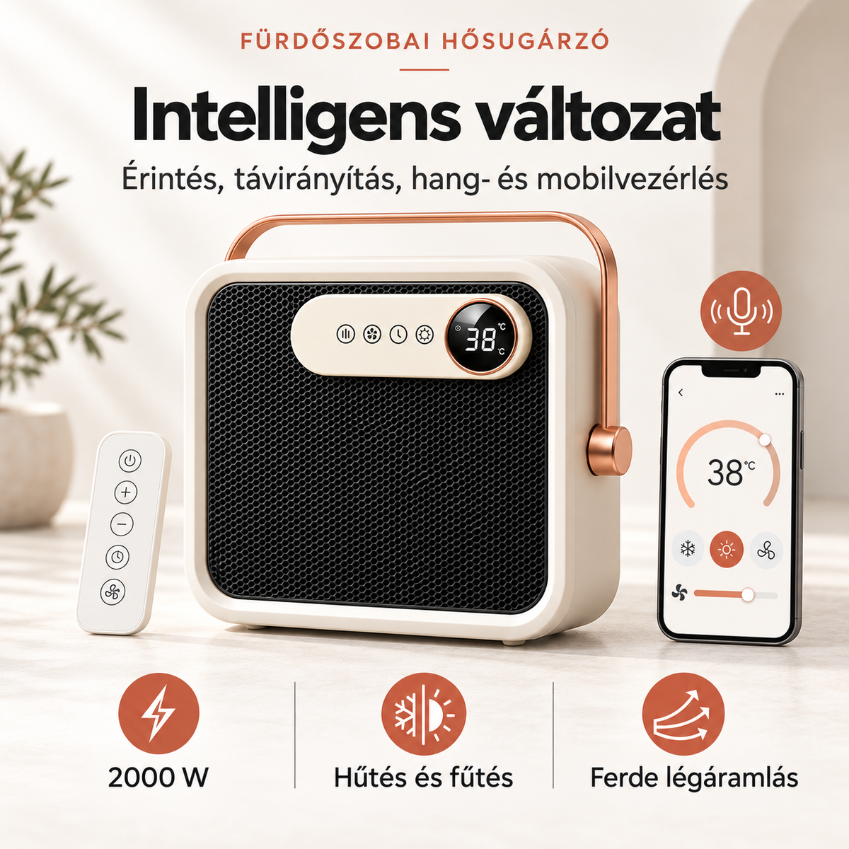 Termoventilatore da bagno 2000 W con telecomando e pannello touch